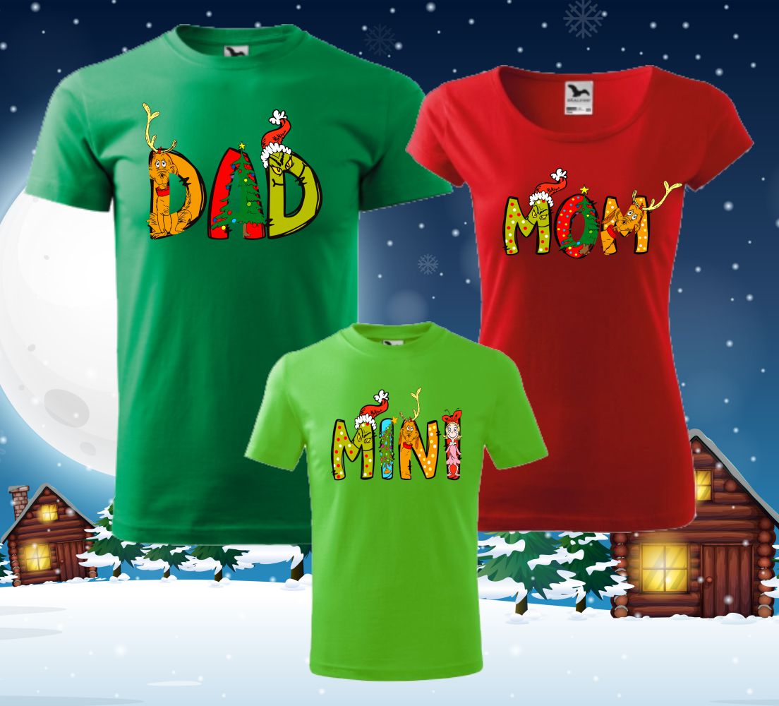 Sada 3 tričiek s potlačou Dad, Mom, Mini Grinch