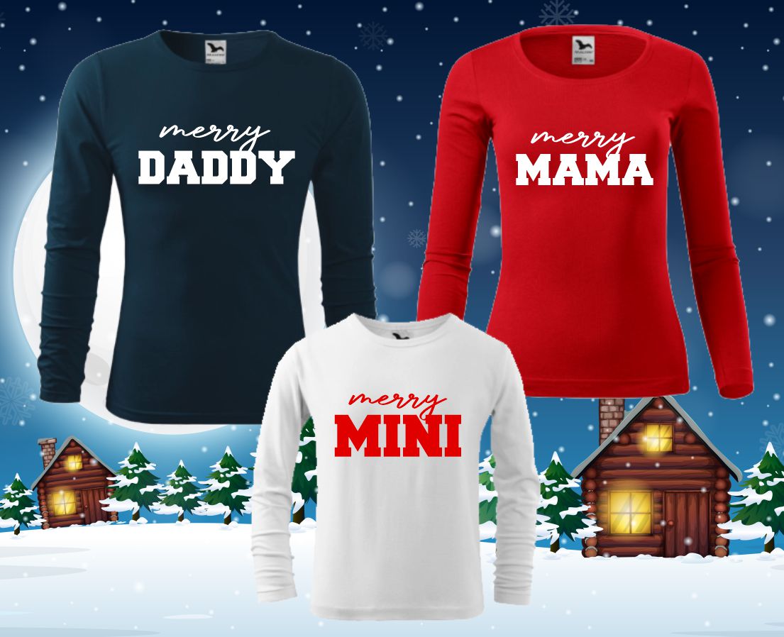 Vianočné tričká s dlhým rukávom Merry Mama, Daddy, Mini